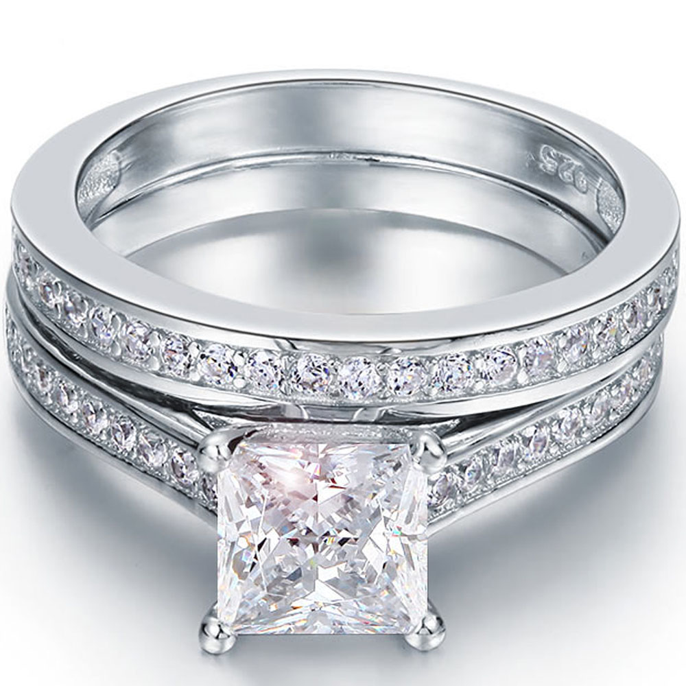 JeenMata 2 Carat Princess Cut Moissanite Wedding Set - Bridal Set - Channel Set Ring - Unique Ring - 18k White Gold Over Silver
